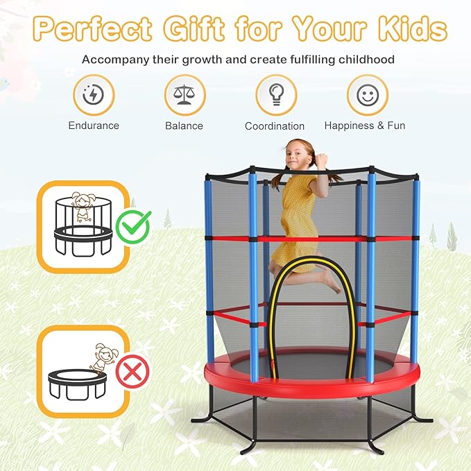GYMAX Toddler Trampoline, 55” Trampoline for Kids with Bottom-to-Top All-Round Enclosure Net & Seamless Jumping Mat, ASTM Approved Easy Assembly Kids Mini Trampolines Indoor/Outdoor