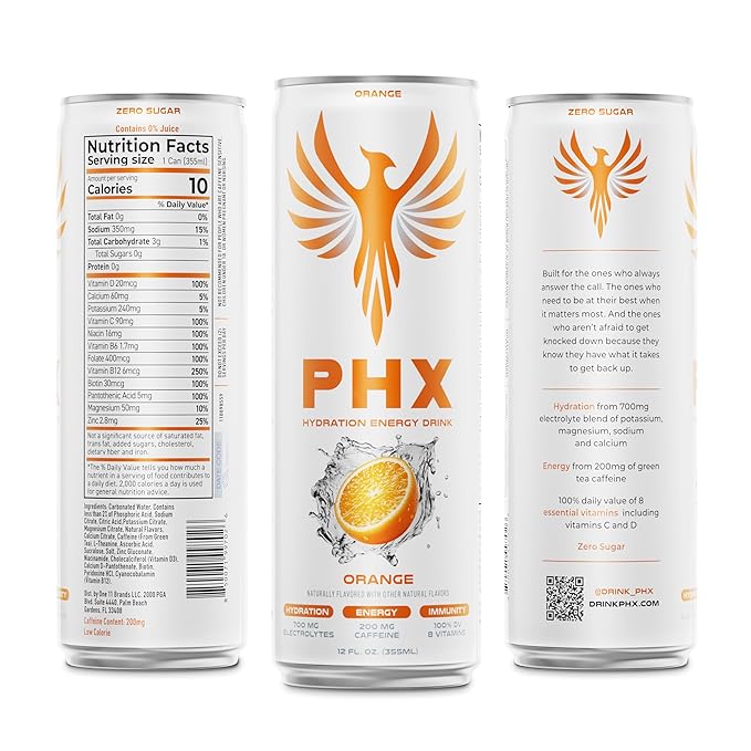 PHX Hydration Energy Drink - 700mg Electrolytes, 200mg Natural Green Tea Caffeine, 100% Daily Value 8 Essential Vitamins - 12 oz Cans (12 Pack) (12 Pack, Orange)