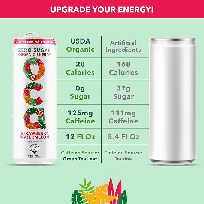 OCA ZERO Strawberry Watermelon, Organic energy drink, zero sugar, gluten-free, vegan plant-based, 12 Fl Oz (12-pack)