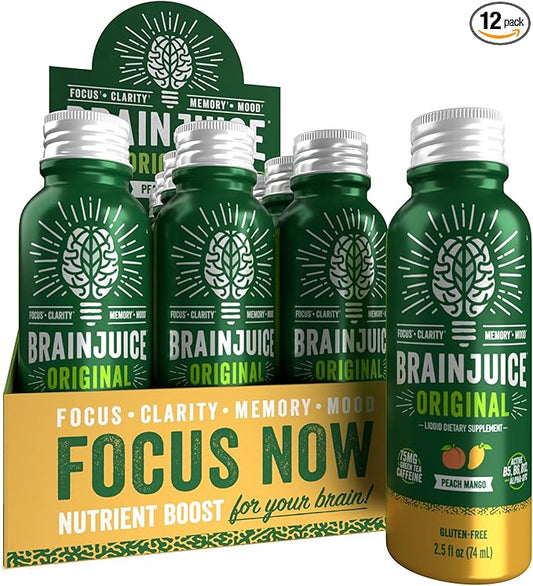 BrainJuice Focus & Energy Drink Shots, Nootropics with Alpha GPC, B Vitamins & Organic Green Tea Caffeine, Supports Focus, Memory & Clarity, Non-GMO, Gluten Free, Peach Mango, 2.5 fl oz, 12 Pack