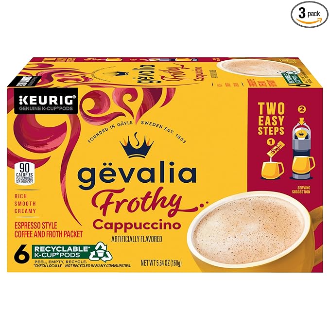 Gevalia Kaffe, 2-Step K-Cup & Froth Packets, (Cappuccino Espresso), 6 Count (Pack of 3)