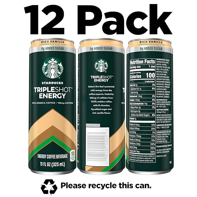Starbucks Tripleshot Coffee Energy Drink, Rich Vanilla, 11 fl oz Cans (12 Pack), Triple Blend, 165mg Caffeine, B Vitamins, Protein, Iced Coffee (Packaging and Formula May Vary)