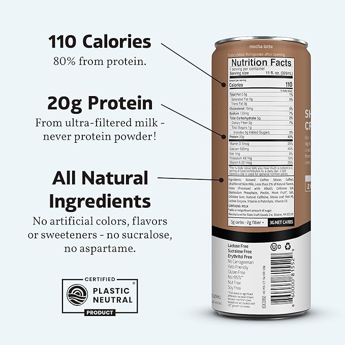 Slate Milk - High Protein Iced Coffee - Mocha Latte - 175mg Caffeine, Lactose Free Energy - 20g Protein, 1g Sugar, 110 Calories, 3g Net Carbs, No Sugar Added - Protein Coffee - 11 fl oz, 24 Cans