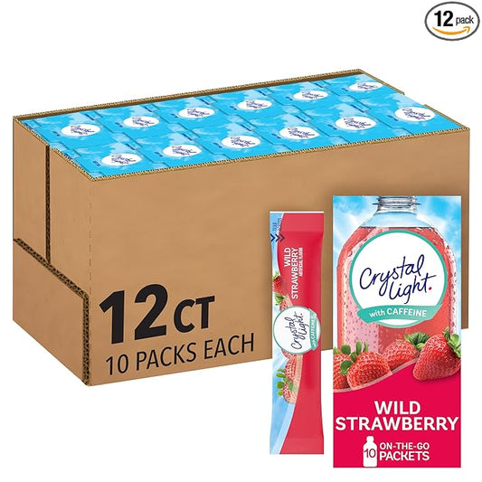 Crystal Light Wild Strawberry Artificially Flavored Powdered Drink Mix with Caffeine, 120 ct Pack, 12 Boxes of 10 On-the-Go-Packets
