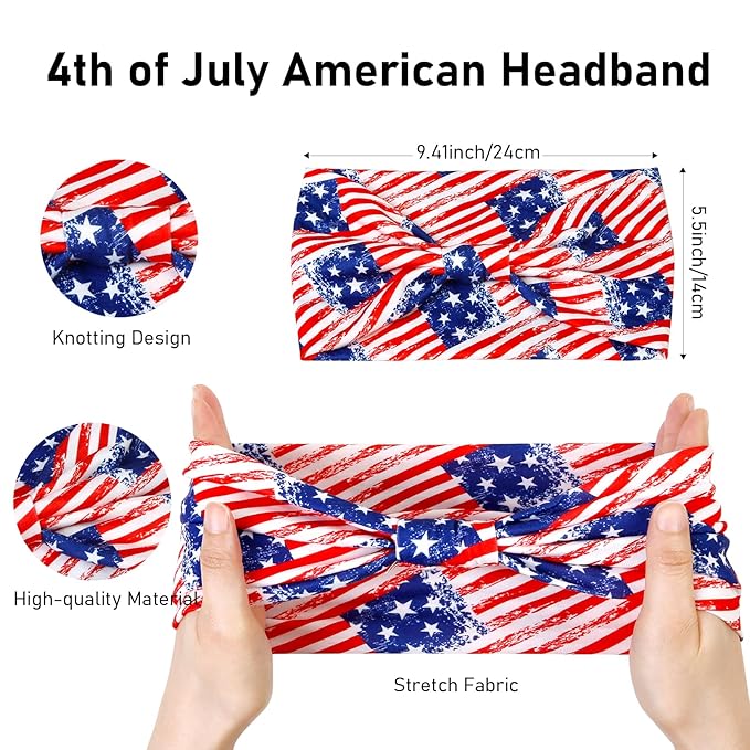 4th of July Womens Headband Independence Day Hair Accessories Patriotic Wide Headbands for Women Red White and Blue Hairband American Flag USA Pride Party Decor (Pack of 4)