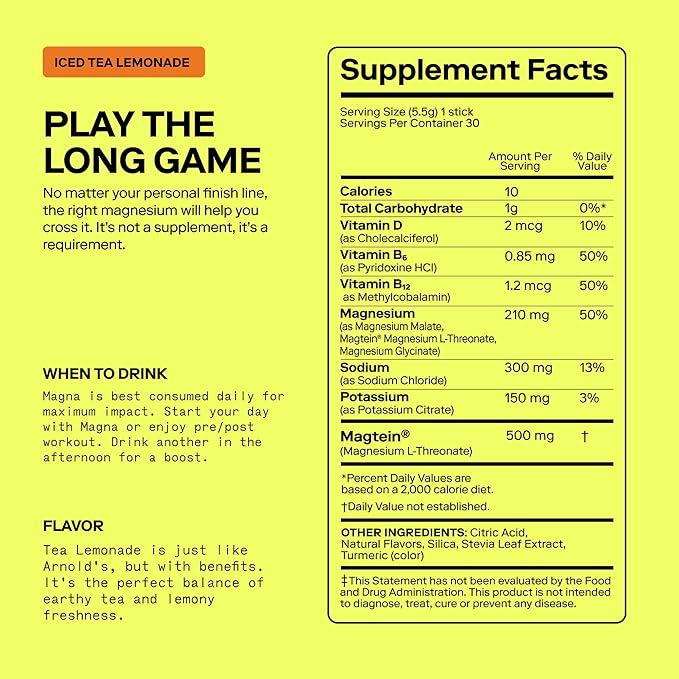 MAGNA Electrolyte Powder Drink Mix for Hydration, Energy & Focus Support with Magnesium L Threonate, Malate & Glycinate, Sodium, Potassium, Vitamin D, B6 & B12, Tea Lemonade Flavor, 7 Servings