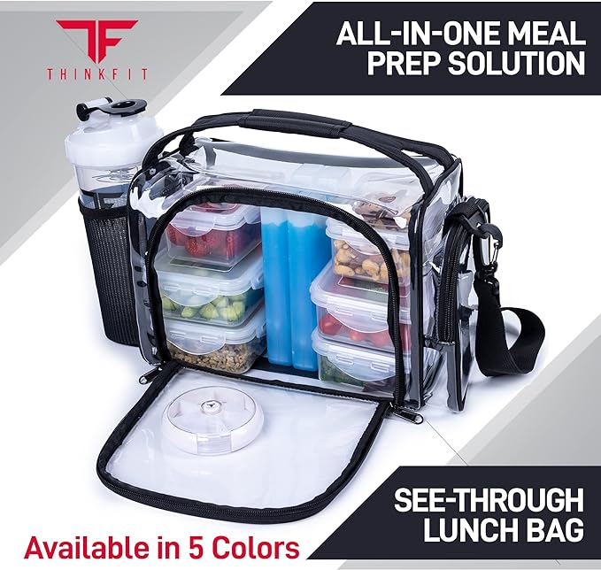 ThinkFit Clear Lunch Bag with 6 Meal Prep Containers - BPA-Free, Reusable, Microwave + Freezer Safe - With Shaker Cup and more! Clear Lunch Box - Transparent Bag for Work