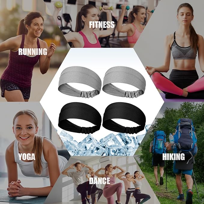 Coume 4 Pcs Cooling Headbands for Women Men Sweat Absorbing Headbands Stretchy Sports Hair Bands for Running, Yoga, Golf, Camping, Biking, Tennis