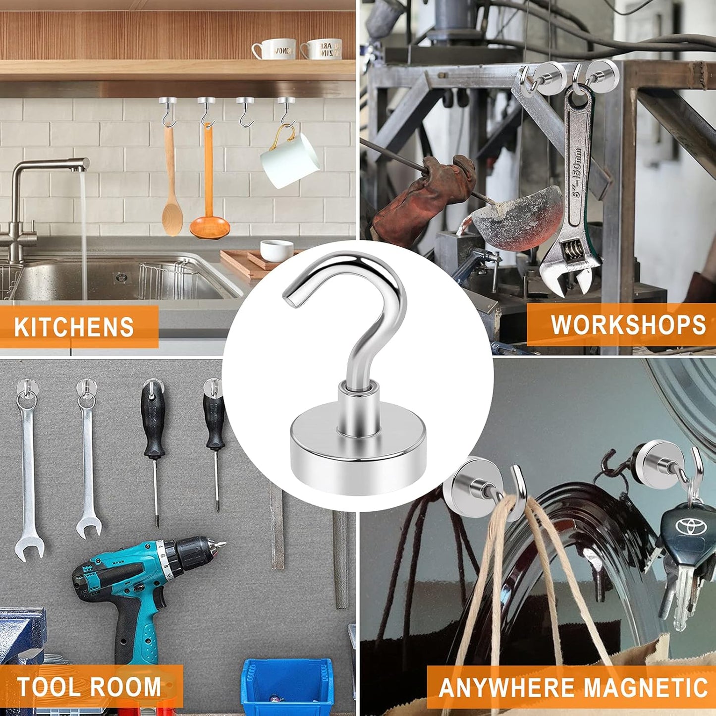 MIKEDE Magnetic Hooks, 28Lbs+ Strong Magnetic Hooks Heavy Duty for Cruise Cabins, Super Hanging Hooks Neodymium Magnets with Hook for Fridge, Grill, Toolbox, Storage, Pack of 4