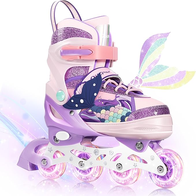 Children's Adjustable Inline Skates with 4-Size Adjustable Fit, Inline Skates with Triple Safety Straps & LED Light Wheels Perfect for Beginners,Ideal Gift for Boys & Girls