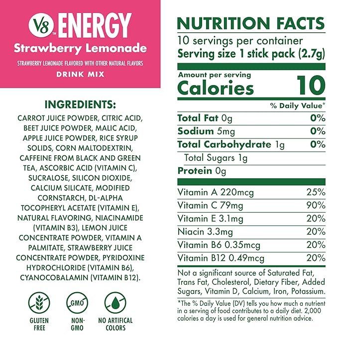 V8 Energy Strawberry Lemonade Energy Drink Powder, .10 oz Packet (10 Count)