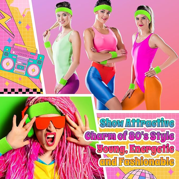3 Pack Neon Sweatbands Sports Wristband and Headband 80s Sweatbands for Party Football Basketball Baseball Soccer