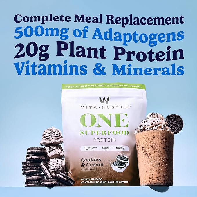VitaHustle ONE Meal Replacement Shake - Plant Based Protein Powder by Kevin Hart - Vegan, Meal Replacement Powder with Superfoods, Vitamins, Adaptogens & Probiotics - Cookies and Cream Flavor, 15 Servings