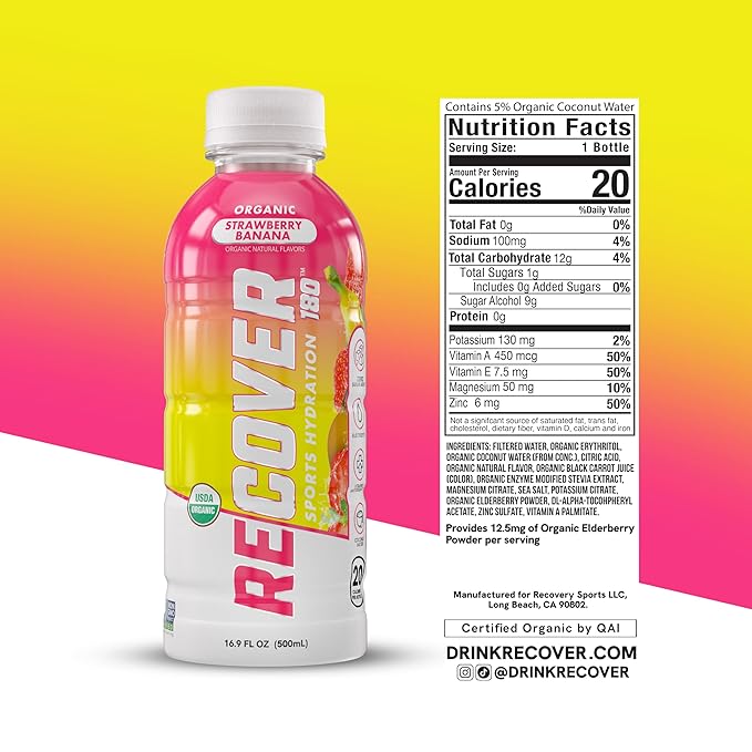 RECOVER 180 Organic Sports Hydration Drink, No Sugar Added, 20 Calorie Sports Beverage, Organic Flavors With Vitamins, Potassium-Packed Electrolytes (16.9 Fl Oz (Pack of 12), Strawberry Banana)