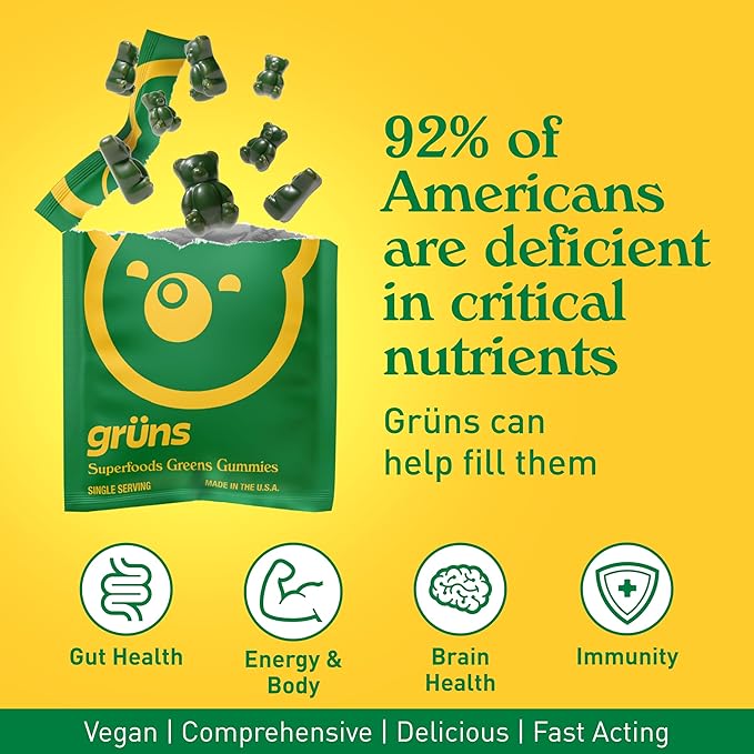 Gruns Adults Super Greens Gummies, Multivitamin Superfood Gummy Bears with Spirulina, Chlorella, Prebiotics & Fiber for Digestive Health, Adaptogens Supplement with 20 Vitamins & Minerals, 28 Count