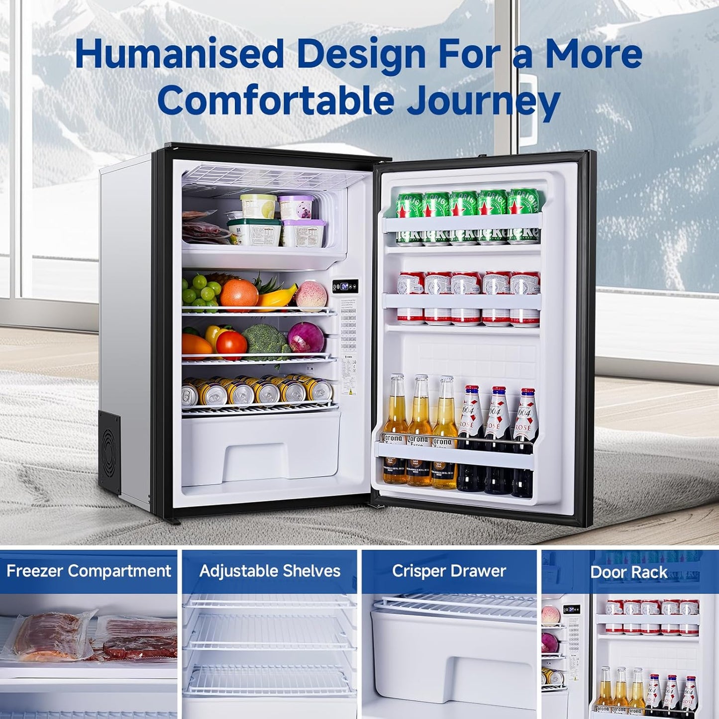 BODEGACOOLER 12 Volt Refrigerator, 116.2Quart RV Refrigerator with Freezer, Dual Modes RV Fridge with LED, (5℉-50℉) Travel Compressor Refrigerator 12/24V DC for Boat, Caravan, Truck, Camping (Black)