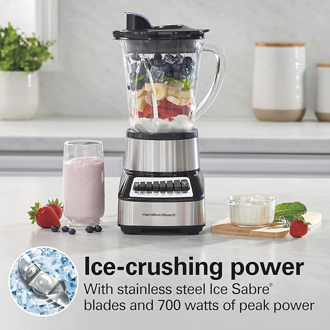 Hamilton Beach Wave Crusher Blender For Smoothies With 40 Oz Glass Jar and 14 Functions, Ice Sabre Blades & 700 Watts for Consistently Smooth Results, Black + Stainless Steel (54221)