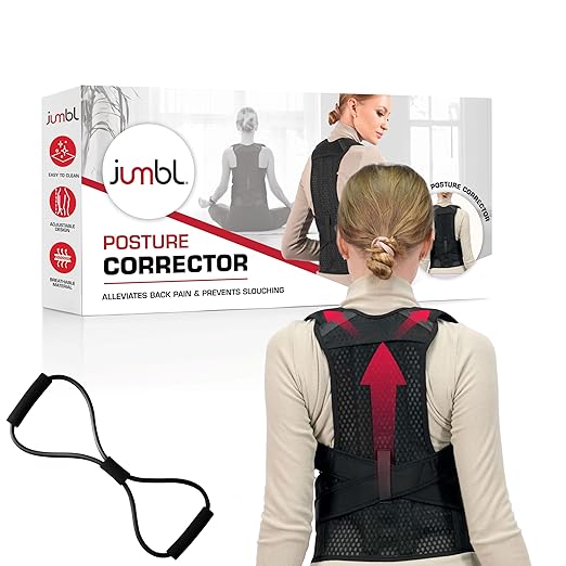 Jumbl Posture Corrector (Small) | Reusable Back Brace Supportive Spine Correction for Back Pain Relief for Men & Women Fitness and Wellness Kit | with Bonus Resistance Band