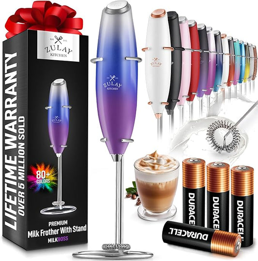 Zulay Powerful Milk Frother Handheld Foam Maker for Lattes - Whisk Drink Mixer for Coffee, Mini Foamer for Cappuccino, Frappe, Matcha, Hot Chocolate by Milk Boss (Firework)