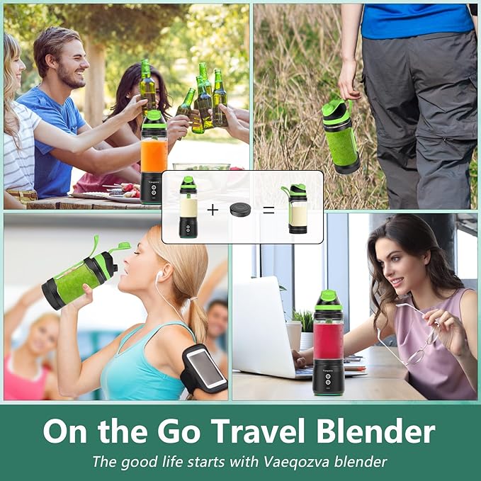 Portable Blender for Shakes and Smoothies, 24oz Travel Blender 300Watt on the Go Blender USB Rechargeable Personal Blender with a Travel Lid & BPA Free Bottle(Green Cap Black Body)