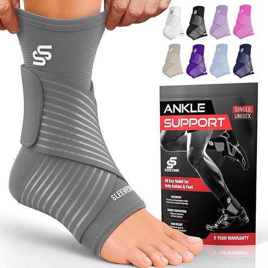 Sleeve Stars Ankle Brace for Women & Men, Ankle Wrap for Sprained, Compression Sleeve for Plantar Fasciitis Relief, Easy Customizable Support: w/ Removable Strap (Single/M:10"-12"/Gray)