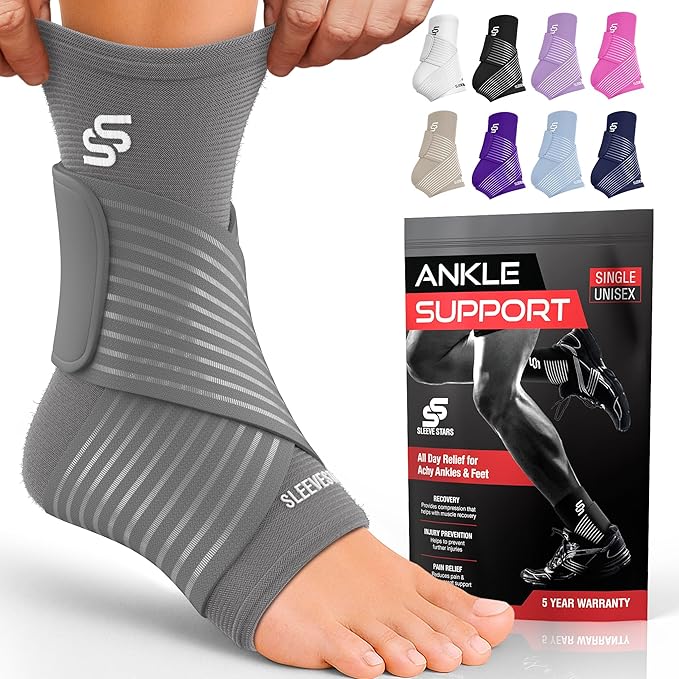 Sleeve Stars Ankle Brace for Women & Men, Ankle Wrap for Sprained Ankle, Compression Sleeve for Plantar Fasciitis Relief, Easy Customizable Support: w/Removable Strap (Single/L:12"-13"/Gray)