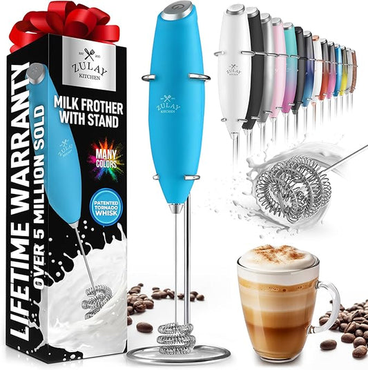 Zulay Kitchen Tornado Milk Frother Handheld Wand – Electric Coffee Frother with Triple Whisk & Stand – Hand Held Drink Mixer for Latte, Cappuccino, Matcha, Hot Chocolate, Protein Shakes – Teal