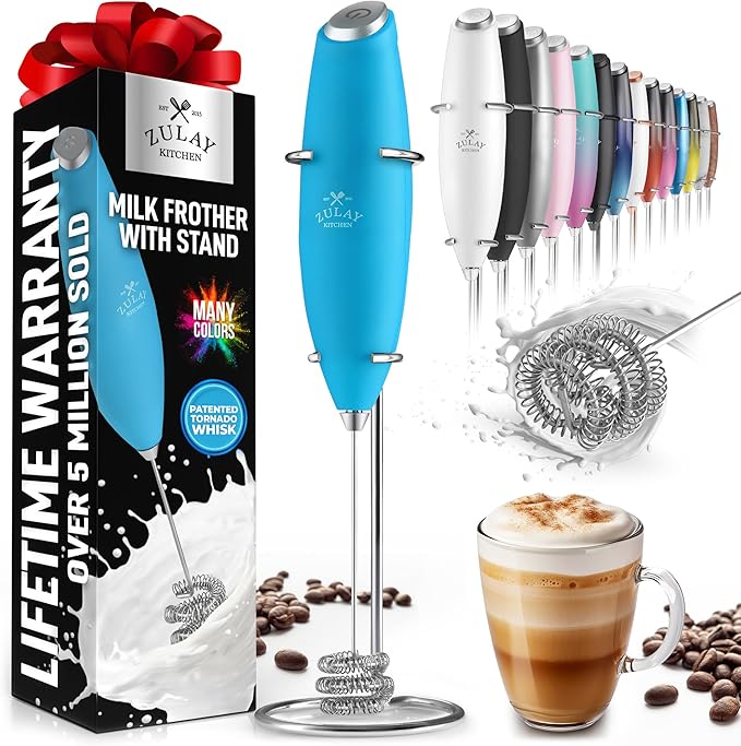 Zulay Kitchen Tornado Milk Frother Handheld Wand – Electric Coffee Frother with Triple Whisk & Stand – Hand Held Drink Mixer for Latte, Cappuccino, Matcha, Hot Chocolate, Protein Shakes – Teal
