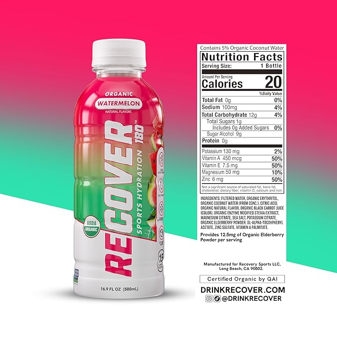 RECOVER 180 Organic Sports Hydration Drink, No Sugar Added, 20 Calorie Sports Beverage, Organic Flavors With Vitamins, Potassium-Packed Electrolytes (16.9 Fl Oz (Pack of 12), Watermelon)