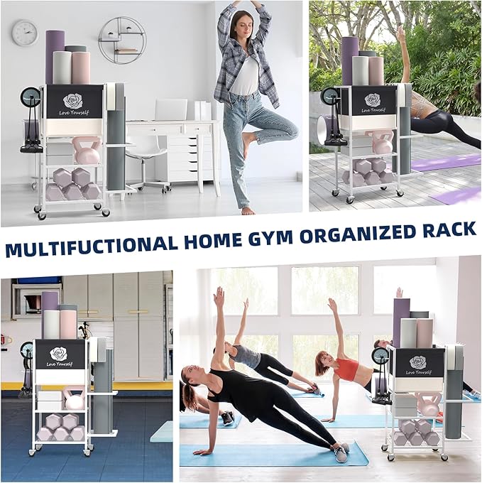 Yoga Mat Storage Rack,Home Gym Storage Rack Gym Workout Equipment Storage Organizer Fitness Weight Rack on Wheels for Yoga Mat,Yoga Block,Foam Roller,Resistance Band,Dumbbell,Kettlebell and Other Workout Accessories