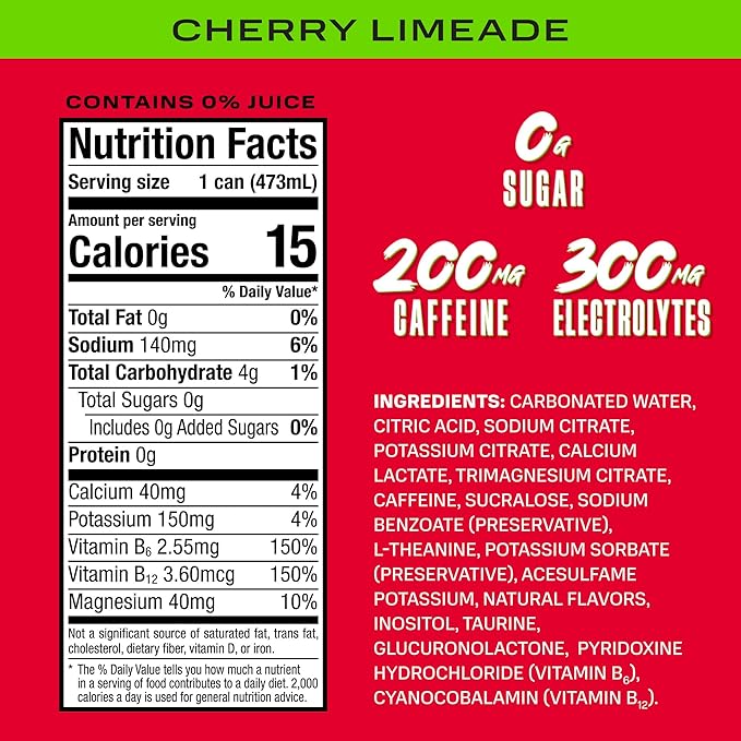 PRIME Energy CHERRY LIMEADE, Zero Sugar Energy Drink, 200mg Caffeine and 300mg of Electrolytes for Hydration, Vegan, Gluten Free,16 Fluid Ounce, 12 Pack