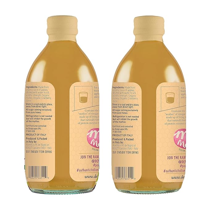 De Nigris Organic Apple Cider Vinegar With Honey Raw & Unfiltered 16,9 Oz (Pack of 2) | Apple Cider Vinegar With Mother, For The Balance Of Metabolism, Organic