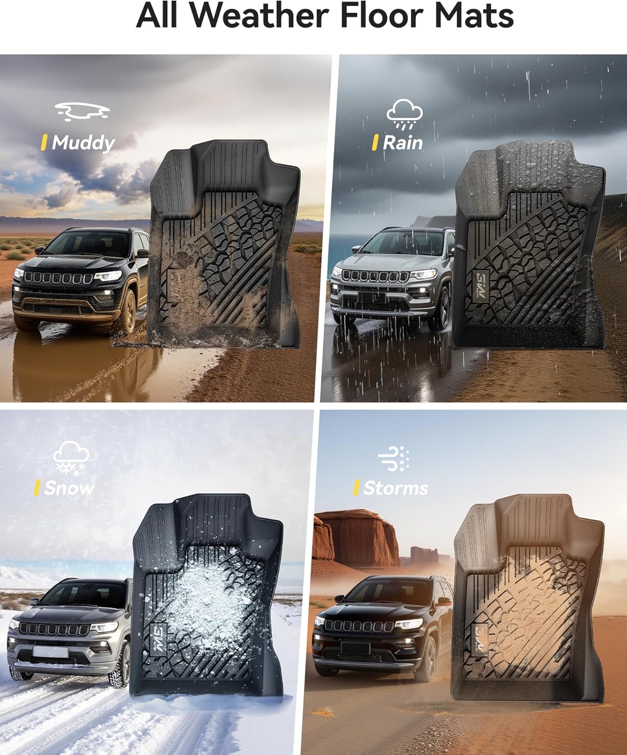 3W Floor Mats and Cargo Liner Fit for 2017-2025 Jeep Compass, TPE All Weather Custom Fit First Second Rows and Trunk Full Set Car Mats, Black