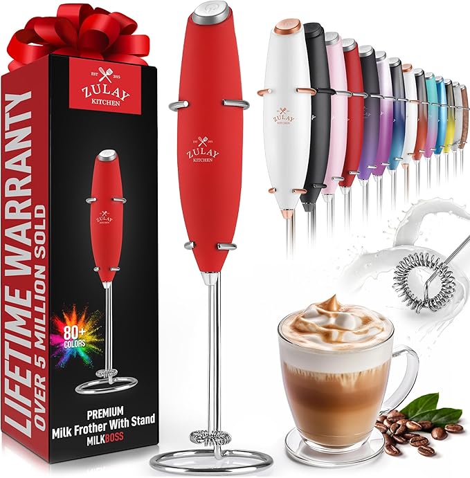 Zulay Kitchen Powerful Milk Frother Wand - Ultra Fast Handheld Drink Mixer - Electric Whisk Foam Maker for Coffee, Lattes, Cappuccino, Frappe, Matcha & Coffee Creamer - Milk Boss Cardinal Red
