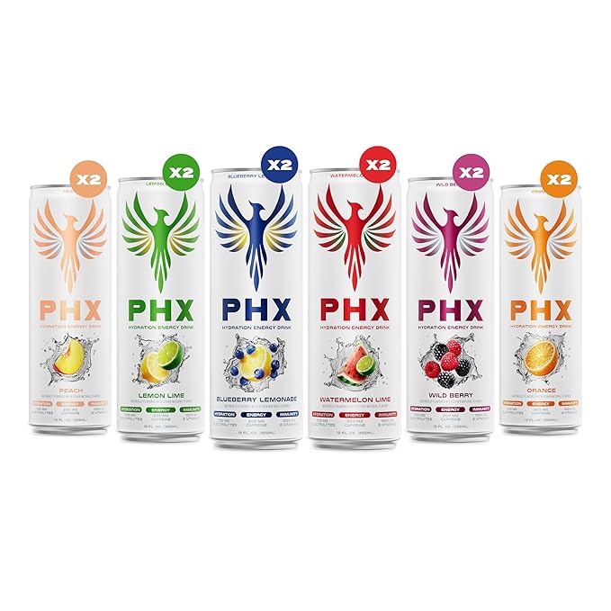 PHX Hydration Energy Drink - 700mg Electrolytes, 200mg Natural Green Tea Caffeine, 100% Daily Value 8 Essential Vitamins - 12 oz Cans (12 Pack) (12 Pack, Variety Pack)