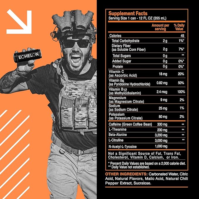 Echelon Pre-Workout Energy Drink - 12-Pack, Mango Reaper - Peak Performance, Sustained Energy, Focus and Endurance Dietary Supplement - 300mg of Caffeine, Beta-Alanine, L-Theanine & Fiber - Vegan