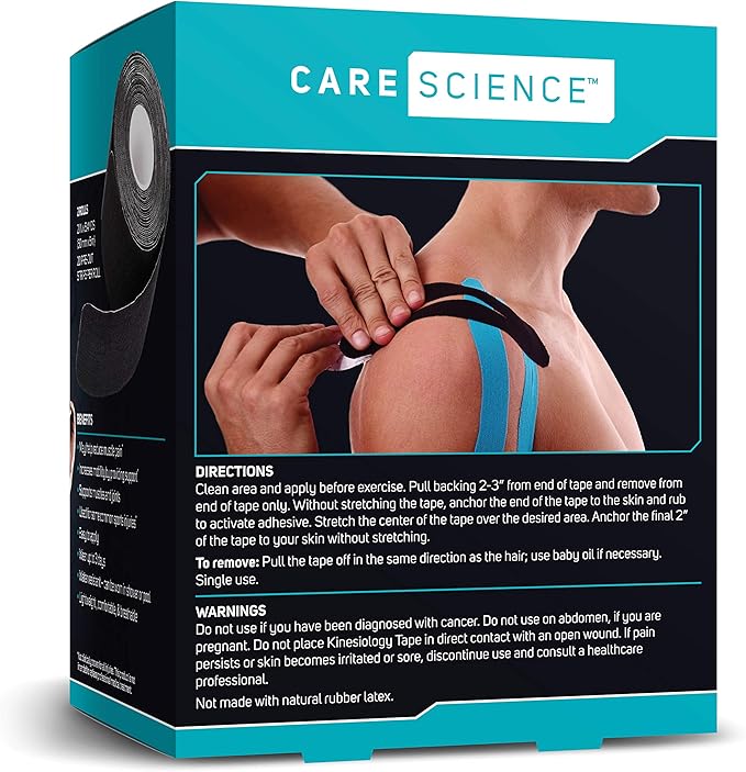 Care Science Waterproof Kinesiology Tape, 40 ct Precut Strips (2 Rolls), Black | Elastic Sports & Weightlifting Tape Supports Muscles & Joints. Water Resistant