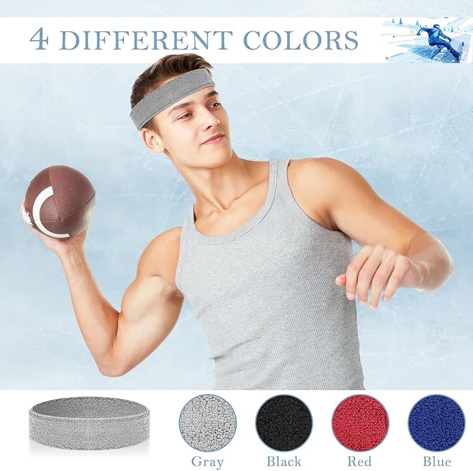 4 Pack Headbands for Men, Sweat Bands Headbands Men & Women, Cotton Terry Sweat Bands for Tennis, Basketball, Running, Gym, Working Out