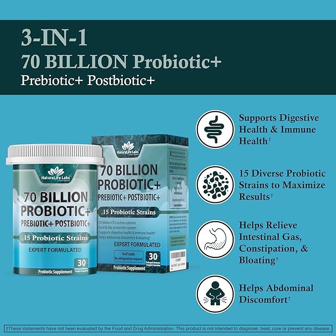 Probiotics 70 Billion CFU – 15 Probiotic strains + Organic Prebiotic+ Postbiotic 3-in-1 Complete – Promotes Healthy Digestive & Immune Function –Gas, Bloating, Constipation Support – for Men & Women