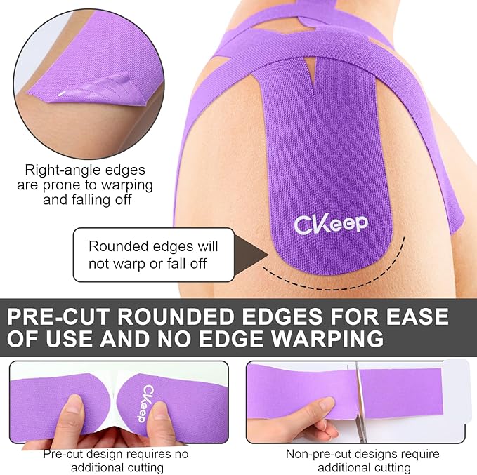 CKeep Kinesiology Tape, 2 Rolls Cotton Latex Free Hypoallergenic Elastic Precut Strips, 2 Inch Wide Waterproof Athletic Tape for Knees Pain Injuries Sprains, Purple