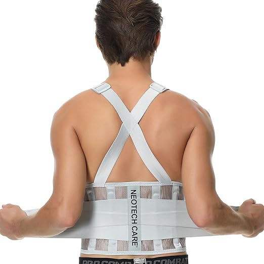 NeoTech Care Back Brace with Suspenders/Shoulder Straps - Light & Breathable - Lumbar Support Belt for Lower Back Pain - Posture, Work, Gym - Grey Color (Size XL)