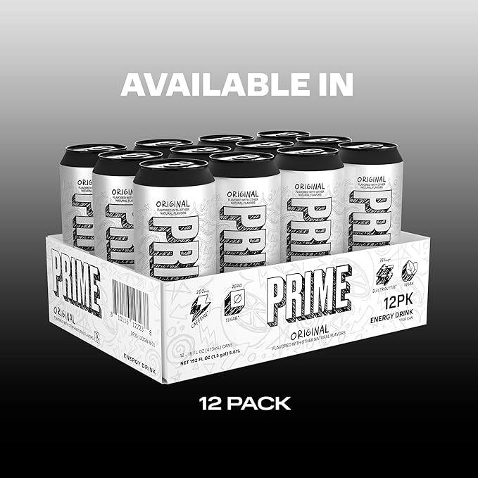 PRIME Energy ORIGINAL, Zero Sugar Energy Drink, 200mg Caffeine and 300mg of Electrolytes for Hydration, Vegan, Gluten Free,16 Fluid Ounce, 12 Pack