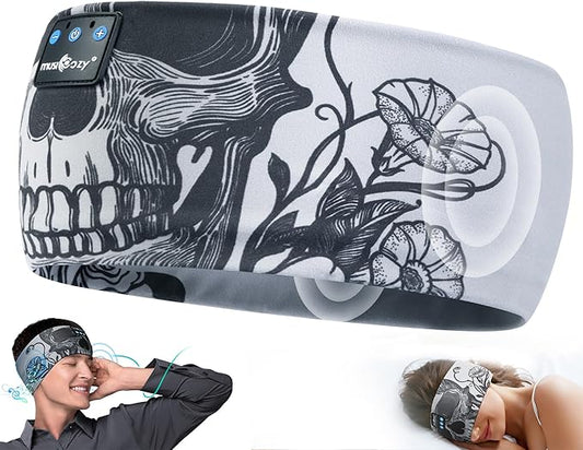 MUSICOZY Sleep Headphones Bluetooth Headband, Wireless Sleeping Headphones Music Sport Headbands, Long Time Play Sleeping Headsets Built-in Thin Speakers, Skulls Design for Sleeping Yoga