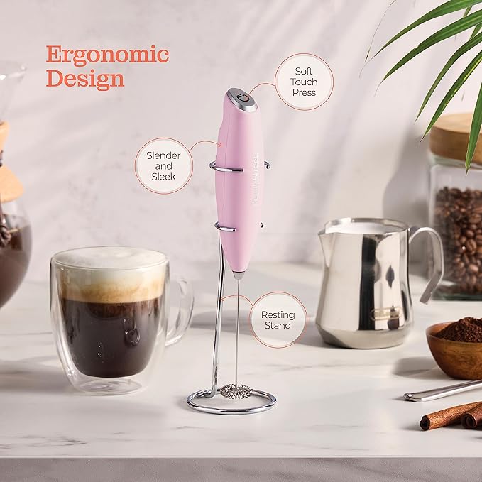 Powerful Handheld Milk Frother, Mini Milk Foamer, Battery Operated Stainless Steel Drink Mixer with Frother Stand