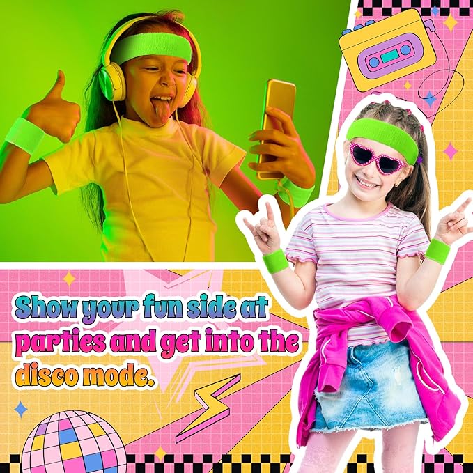 3 Pack Neon Sweatbands Sports Wristband and Headband 80s Sweatbands for Party Football Basketball Baseball Soccer