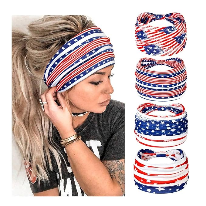4th of July Womens Headband Independence Day Hair Accessories Patriotic Wide Headbands for Women Red White and Blue Hairband American Flag USA Pride Party Decor (Pack of 4)