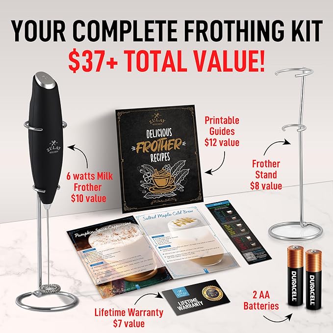 Zulay Kitchen Powerful Milk Frother Wand With 2 Duracell Batteries - Ultra Fast Handheld Drink Mixer - Electric Whisk Foam Maker for Coffee, Lattes, Cappuccino, Matcha, Hot Chocolate & Creamer - Black