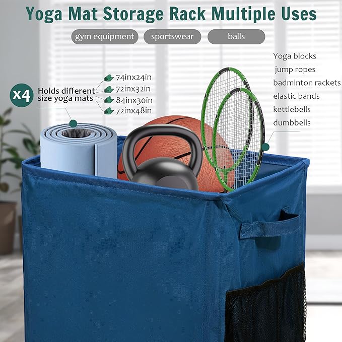 Yoga Mat Storage Racks, Home Gym Storage Rack with Wheels, Yoga Mat Holder Side 2 Mesh Pockets, Yoga Storage Basket Holds 4 Yoga Mats, 2 Foam Rollers, 6 Resistance Bands