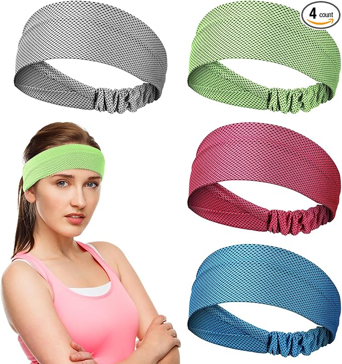 Coume 4 Pcs Cooling Headbands for Women Men Sweat Absorbing Headbands Stretchy Sports Hair Bands for Running, Yoga, Golf, Camping, Biking, Tennis