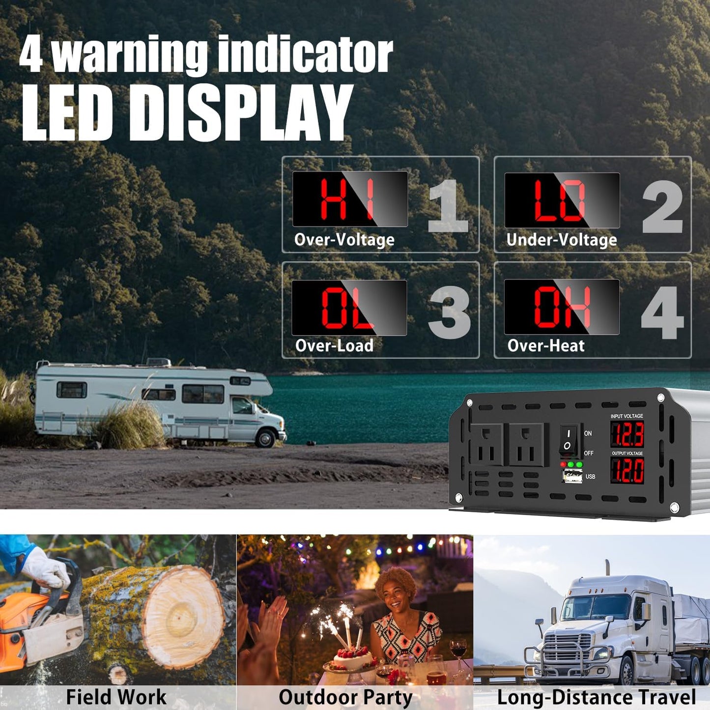 Power Inverter 3000 Watt, DC 12V to AC 110V 120V Converter Car Modified Sine Wave Power Inverter with Dual Sockets, USB Port, LED Display for RV Truck Boat Solar Car Emergency Off Grid